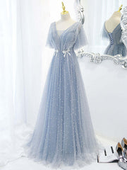 Evening Dress For Sale, Blue v neck tulle beads long prom dress, blue tulle formal dress