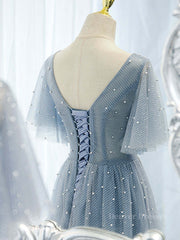 Evening Dresses For Sale, Blue v neck tulle beads long prom dress, blue tulle formal dress