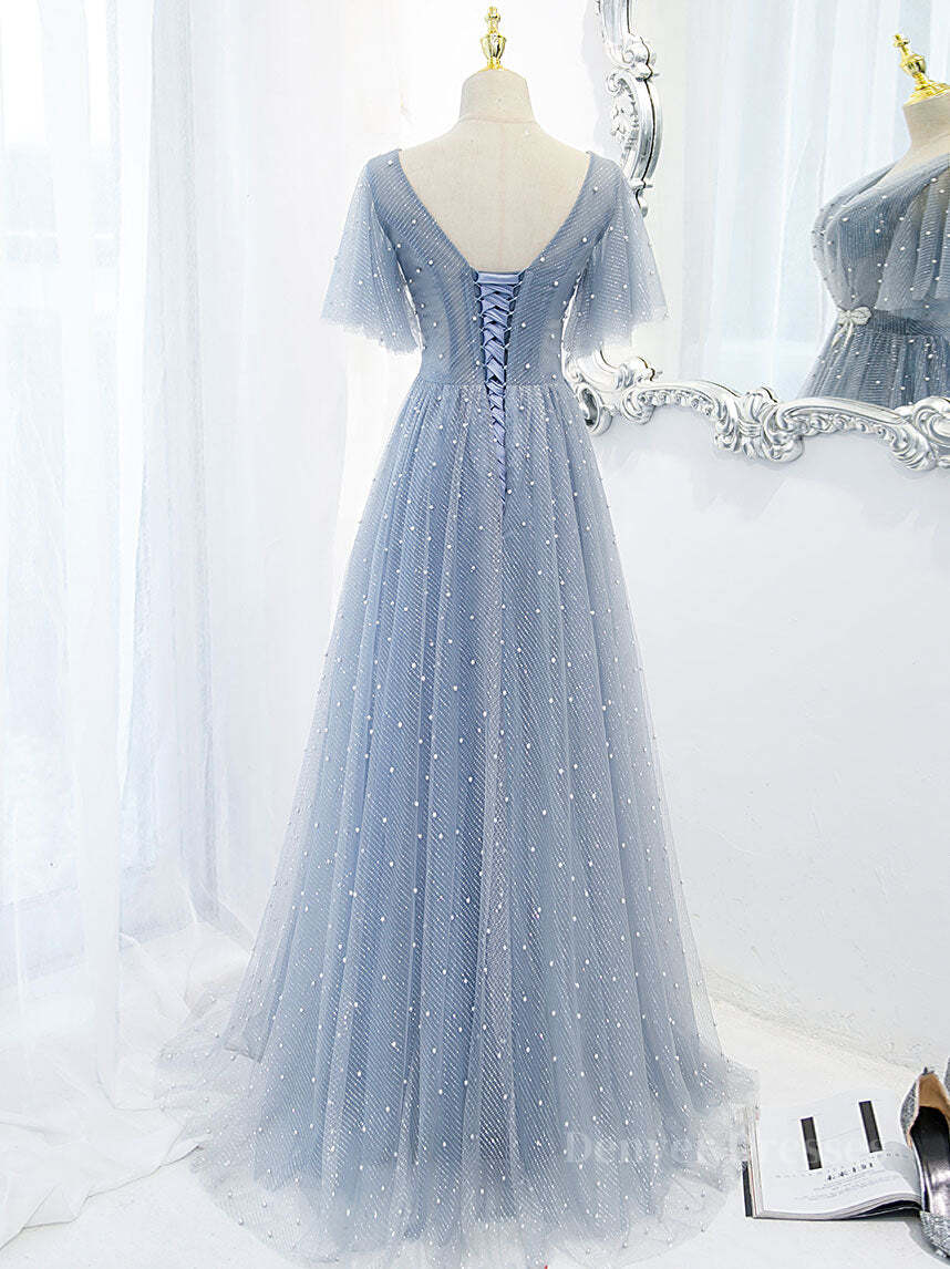 Evening Dress Store, Blue v neck tulle beads long prom dress, blue tulle formal dress