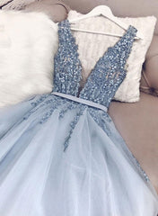 Evening Dress 2027, Blue v neck tulle beads long prom dress, evening dress