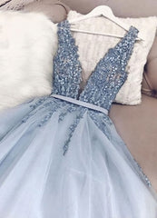 Evening Dresses 2027, Blue v neck tulle beads long prom dress, evening dress