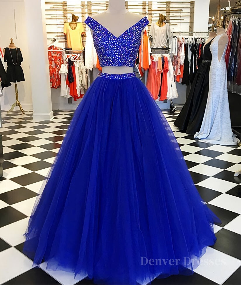 Homecomming Dress Black, Blue v neck tulle beads two pieces long prom dress, blue evening dress