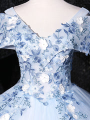 Formal Dress For Weddings, Blue V Neck Tulle Lace Long Formal Prom Dresses. Blue Sweet 16 Dresses