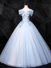 Formal Dresses And Gowns, Blue V Neck Tulle Lace Long Formal Prom Dresses. Blue Sweet 16 Dresses