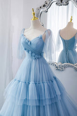 Garden Wedding, Blue V-Neck Tulle Long Prom Dress, A-Line Evening Party Dress