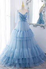 Wedding Photo, Blue V-Neck Tulle Long Prom Dress, A-Line Evening Party Dress