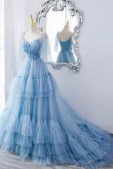 Bridesmaids Dresses Strapless, Blue V-Neck Tulle Long Prom Dress, A-Line Evening Party Dress