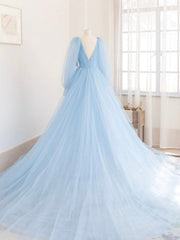 Evening Dress Simple, Blue V-Neck Tulle Long Prom Dress, A-Line Long Sleeve Evening Dress