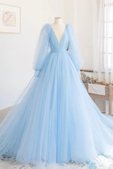 Evening Dresses Gowns, Blue V-Neck Tulle Long Prom Dress, A-Line Long Sleeve Evening Dress