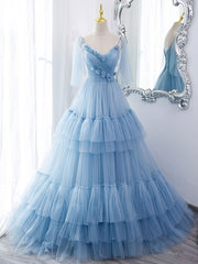 Homecoming Dresses Ideas, Blue v neck tulle long prom dress, blue tulle formal dress