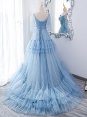 Homecoming Dresses Idea, Blue v neck tulle long prom dress, blue tulle formal dress