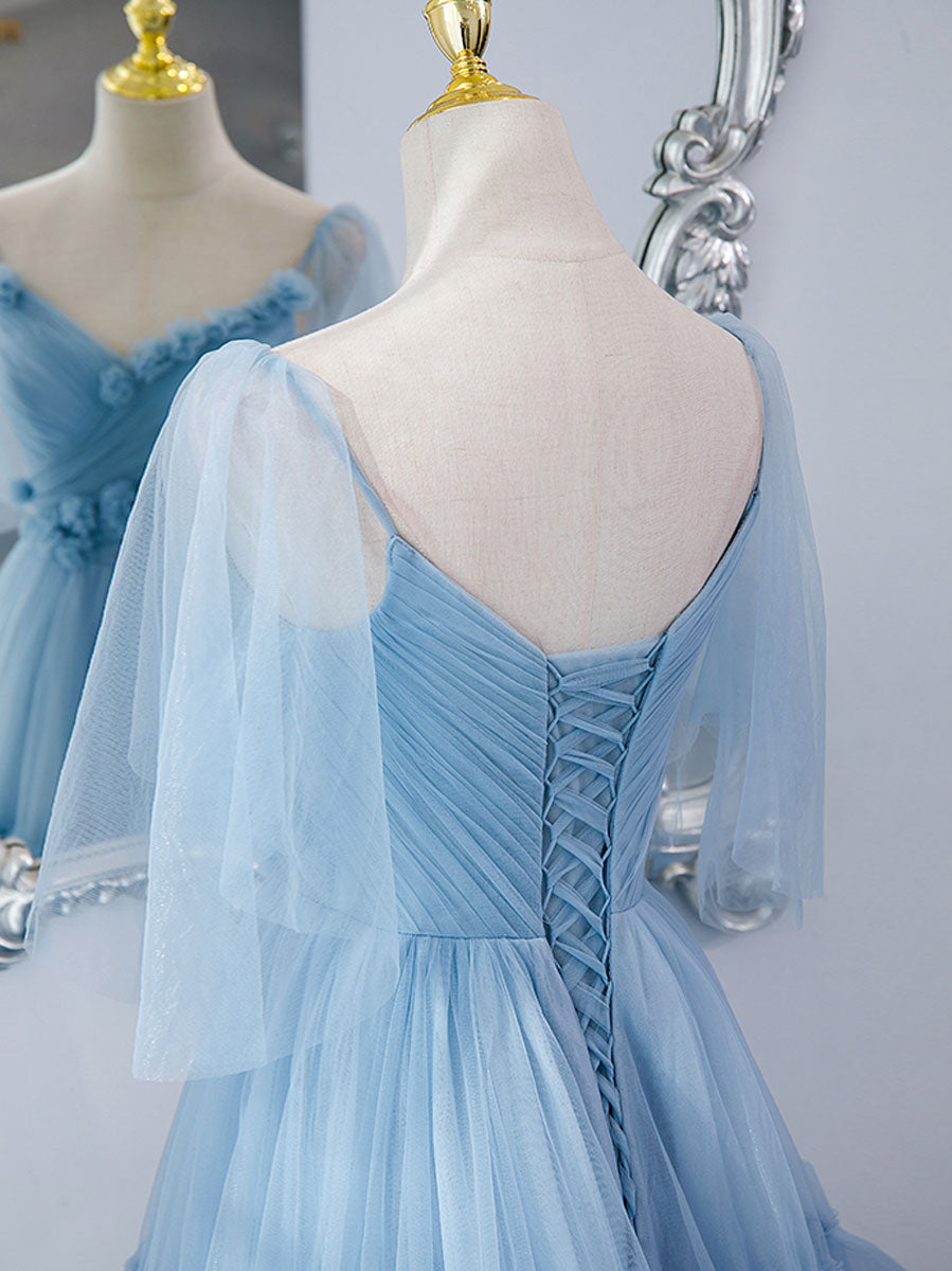 Homecoming Dress Ideas, Blue v neck tulle long prom dress, blue tulle formal dress