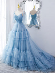 Homecoming Dresses Classy, Blue v neck tulle long prom dress, blue tulle formal dress