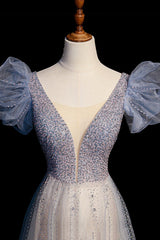 Prom Dress Black Girl, Blue V-Neck Tulle Long Prom Dress with Beaded, Elegant A-Line Formal Evening Dress
