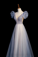 Prom Dresses Gold, Blue V-Neck Tulle Long Prom Dress with Beaded, Elegant A-Line Formal Evening Dress
