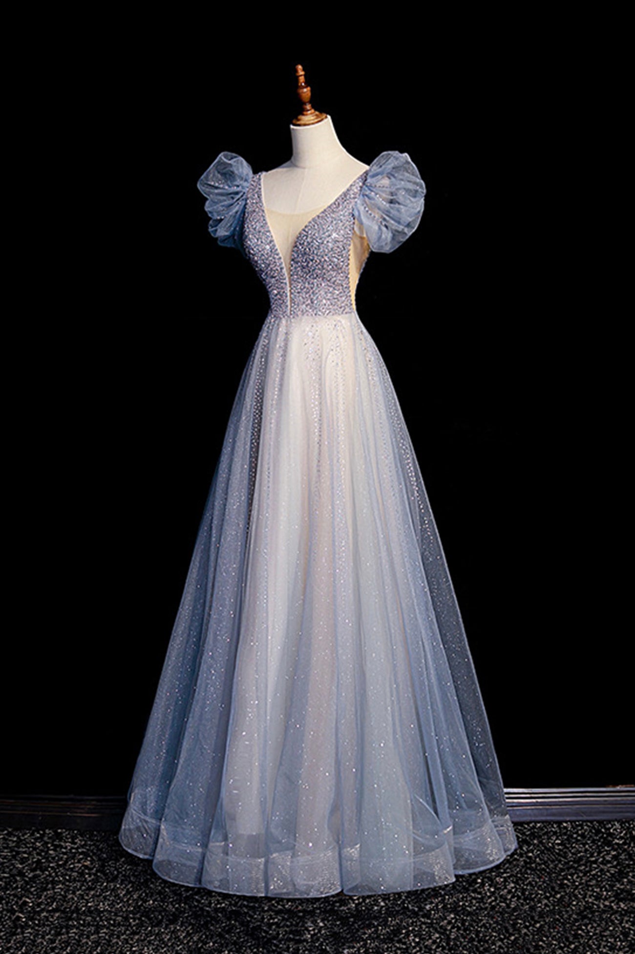 Dress, Blue V-Neck Tulle Long Prom Dress with Beaded, Elegant A-Line Formal Evening Dress