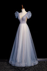 Dress, Blue V-Neck Tulle Long Prom Dress with Beaded, Elegant A-Line Formal Evening Dress