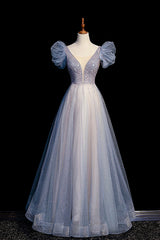 Prom Dresses Black Girls, Blue V-Neck Tulle Long Prom Dress with Beaded, Elegant A-Line Formal Evening Dress