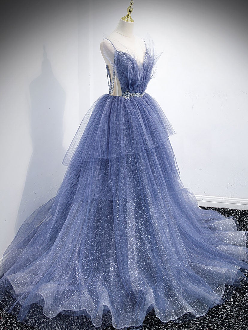 Bridesmaid Dress Long Sleeves, Blue v neck tulle sequin long prom dress, blue evening dress