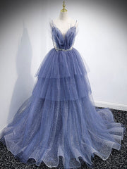 Bridesmaids Dress Pink, Blue v neck tulle sequin long prom dress, blue evening dress