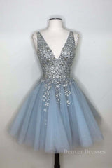 Short Dress, Blue v neck tulle sequin short prom dress, blue homecoming dress