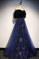Prom Dress Places Near Me, Blue Velvet Tulle Long Prom Dress, A-Line Blue Evening Party Dress