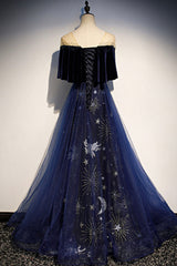 Prom Dresses For 2022, Blue Velvet Tulle Long Prom Dress, A-Line Blue Evening Party Dress