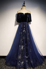 Prom Dresses For Adults, Blue Velvet Tulle Long Prom Dress, A-Line Blue Evening Party Dress