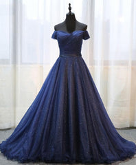 Bridesmaids Dresses Cheap, Dark Blue Shining Tulle Long Prom Dress, Evening Dress