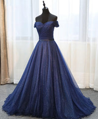 Bridesmaids Dress Cheap, Dark Blue Shining Tulle Long Prom Dress, Evening Dress