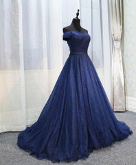 Bridesmaid Dress Cheap, Dark Blue Shining Tulle Long Prom Dress, Evening Dress