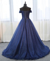 Bridesmaid Dress Designers, Dark Blue Shining Tulle Long Prom Dress, Evening Dress