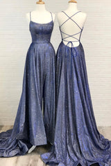 Bridesmaid Dresses For Winter Wedding, Blue A-Line Backless Long Prom Dresses, Blue Evening Dresses