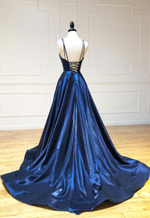 Graduation Outfit Ideas, Simple Satin Long Prom Dresses, A Line Blue Evening Dresses