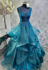 Prom Dress Emerald Green, Blue Tulle Lace Long Prom Dresses, A-Line Spaghetti Straps Evening Dresses