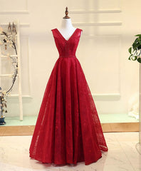 Prom Dress Long Elegant, Burgundy V Neck Lace Long Prom Gown Burgundy Evening Dress