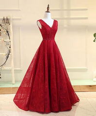 Prom Dresses Silk, Burgundy V Neck Lace Long Prom Gown Burgundy Evening Dress