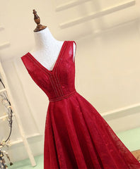 Prom Dresses Piece, Burgundy V Neck Lace Long Prom Gown Burgundy Evening Dress