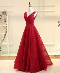 Prom Dress Pieces, Burgundy V Neck Lace Long Prom Gown Burgundy Evening Dress