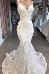 Wedding Dresses For Fall Wedding, Amazing Appliques Tulle Mermaid Wedding Dress