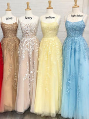 Prom Dresses Laced, A Line Tulle Yellow Spaghetti Straps Prom Dresses With Appliques Party Dresses