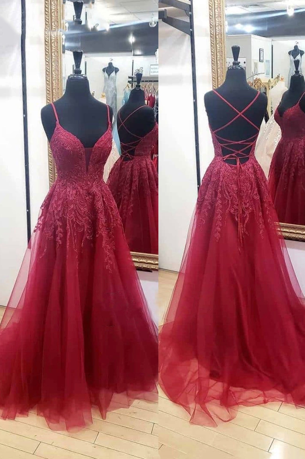 Prom Dress Colors, Burgundy Lace Long Prom Dresses, A-Line Backless Evening Dresses