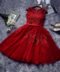 Prom Dress Tulle, Burgundy Lace Tulle Short Prom Dress, Lace Evening Dress