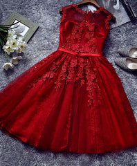 Prom Dresses Tulle, Burgundy Lace Tulle Short Prom Dress, Lace Evening Dress