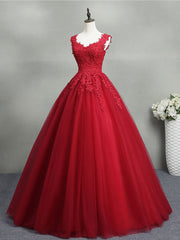 Bridesmaid Dresses Emerald Green, Burgundy A-Line Tulle Lace Long Prom Dress, Burgundy Formal Evening Dress