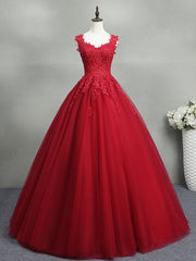 Bridesmaid Dresses, Burgundy A-Line Tulle Lace Long Prom Dress, Burgundy Formal Evening Dress