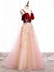 Prom Dresses 2026 Long, Burgundy A-line Tulle Lace Long Prom Dress Tulle Formal Dress