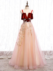 Prom Dresses Ball Gown Elegant, Burgundy A-line Tulle Lace Long Prom Dress Tulle Formal Dress