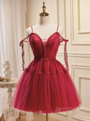 Bridesmaid Dresses Wedding, Burgundy A-Line Tulle Lace Short Prom Dress, Burgundy Homecoming Dresses