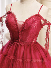 Bridesmaid Dress Ideas, Burgundy A-Line Tulle Lace Short Prom Dress, Burgundy Homecoming Dresses